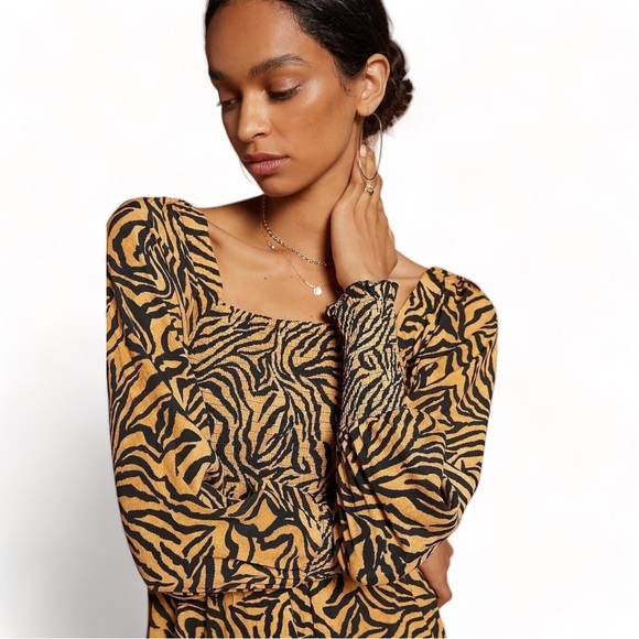 NWT Anthropologie Kachel Tiger-Striped Smocked Jumpsuit Size 4 - Picture 2 of 10